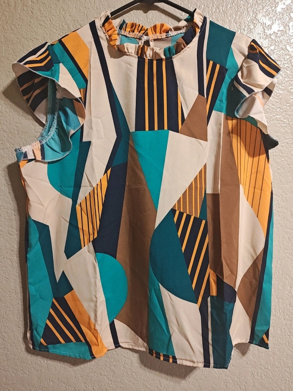 Geometric Print Ruffle Sleeve Blouse - Teal, Mustard & Brown